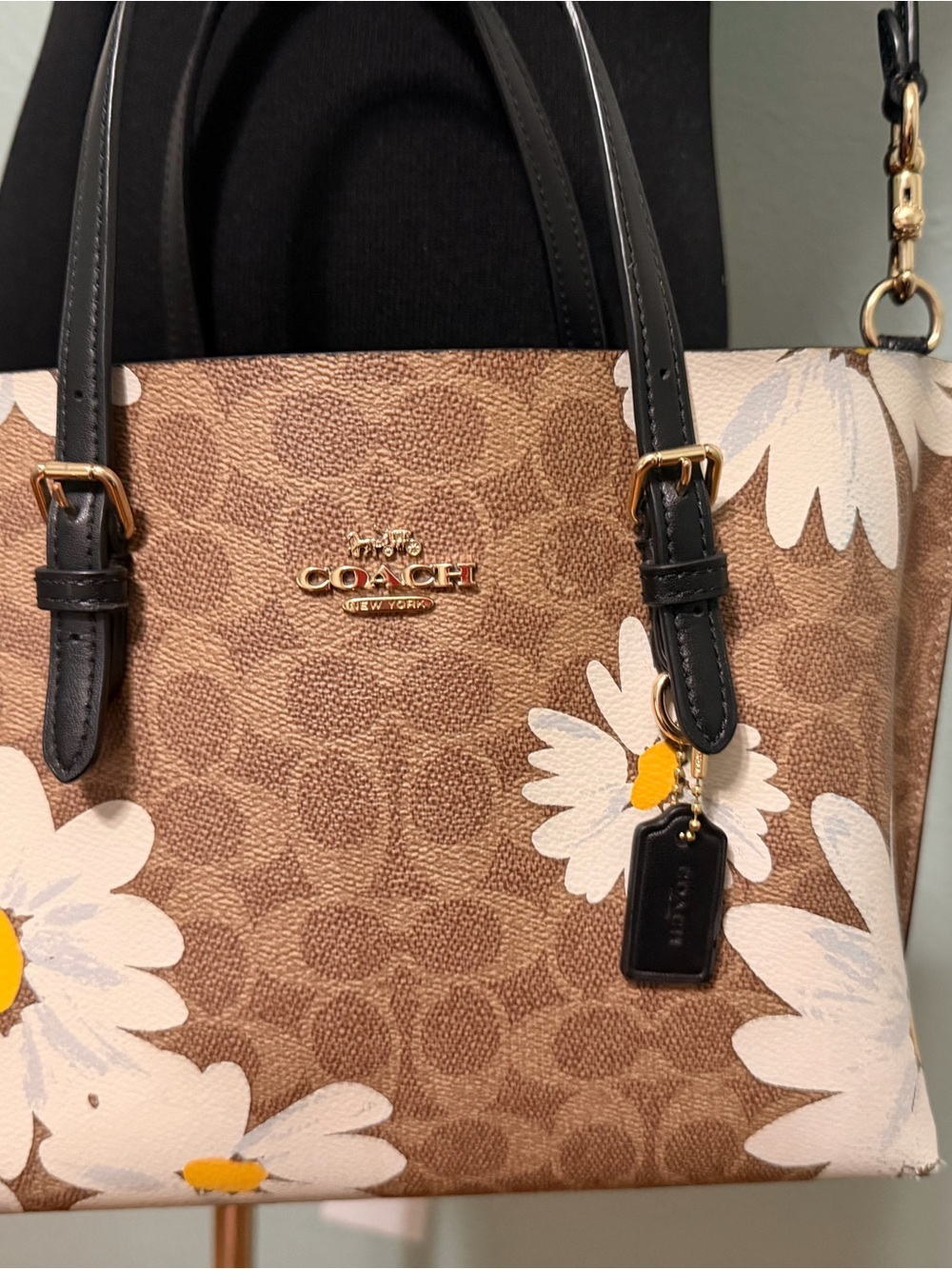 Coach Brown and White Daisy Tote with Black Handles